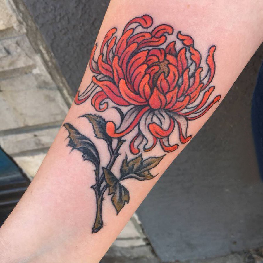纹身菊花图案 女生手臂上彩色的菊花纹身图片