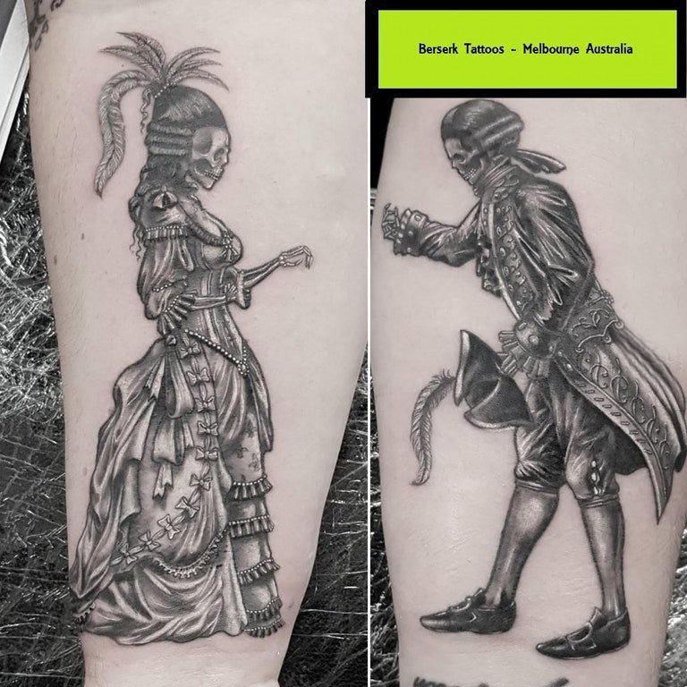 骷髅和人物纹身图案  女生小腿上骷髅和人物纹身图片