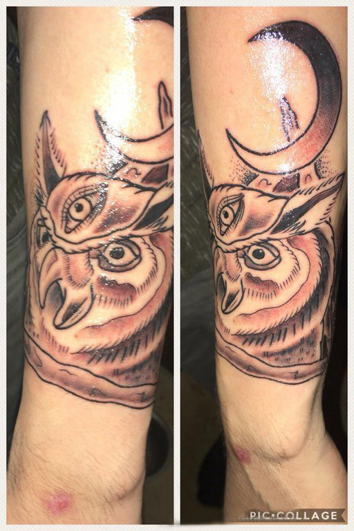 纹身猫头鹰  男生小臂上猫头鹰和月亮纹身图片