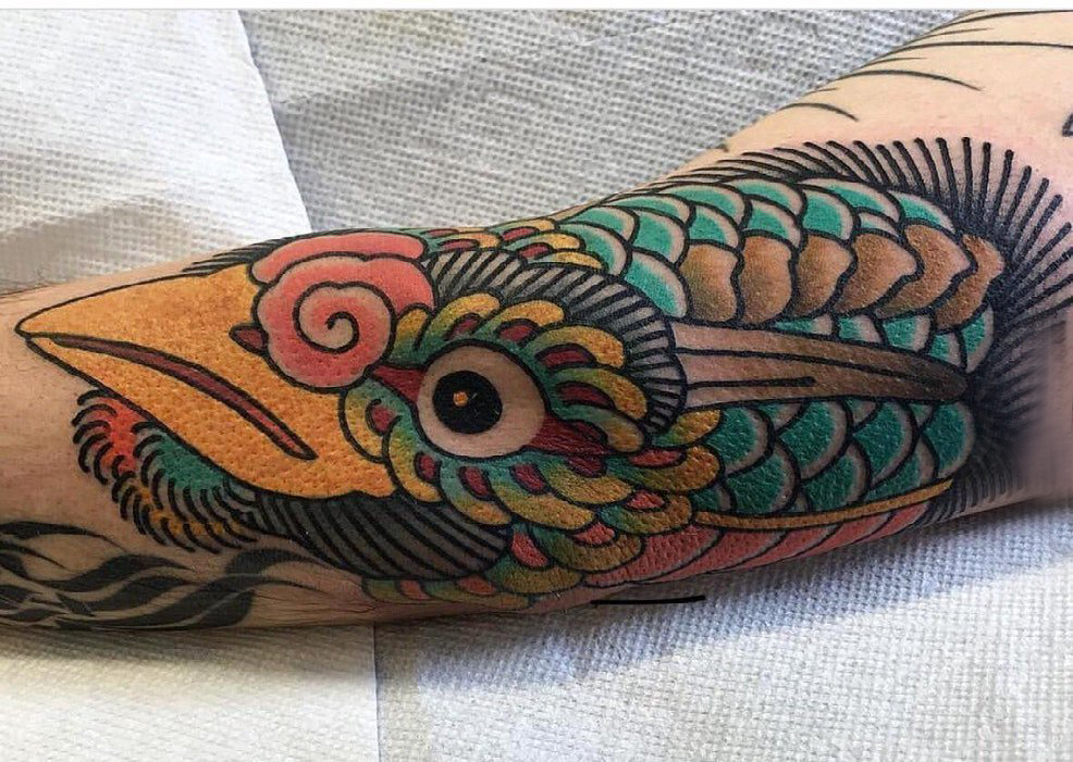 纹身鸟  男生小臂上彩色的鸟纹身图片