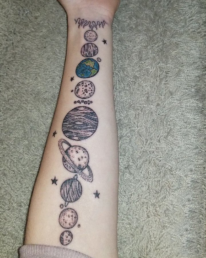 纹身星球  女生小臂上彩绘的星球纹身图片
