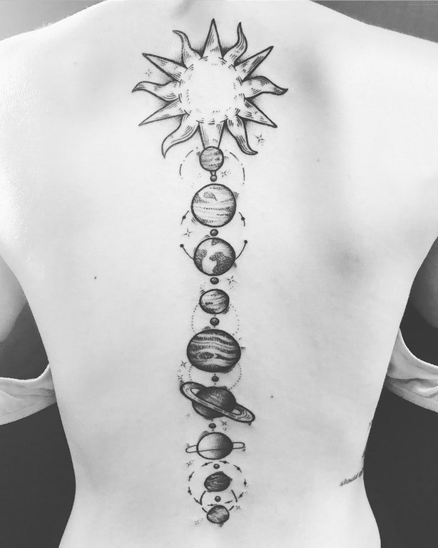 纹身星球 女生后背上太阳和星球纹身图片