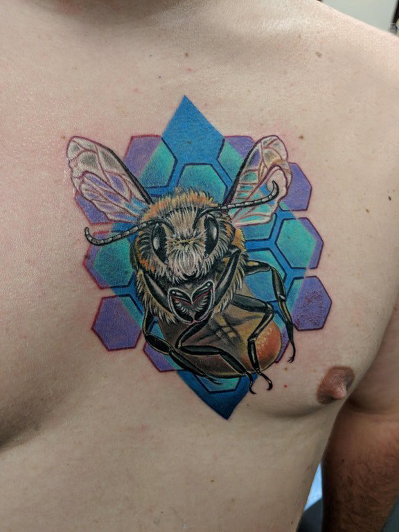 纹身胸部男 男生胸部蜂巢和蜜蜂纹身图片