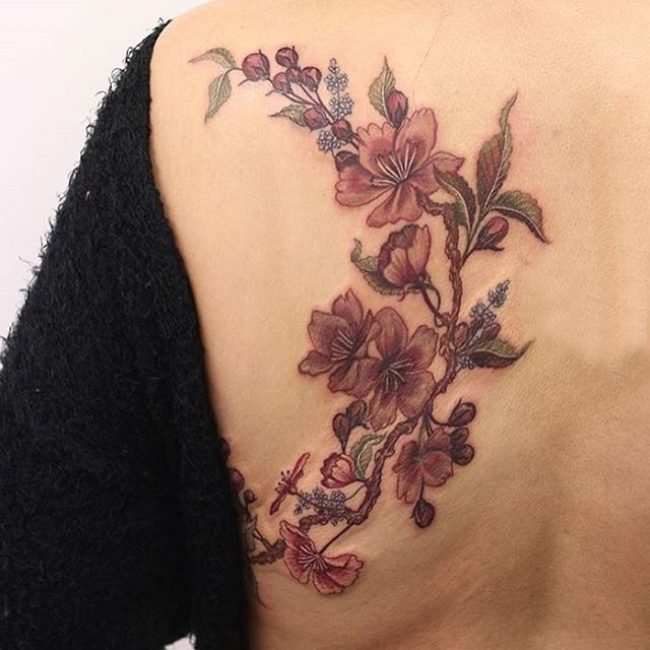 樱花花瓣纹身 多款小清新文艺纹身彩色樱花纹身图案