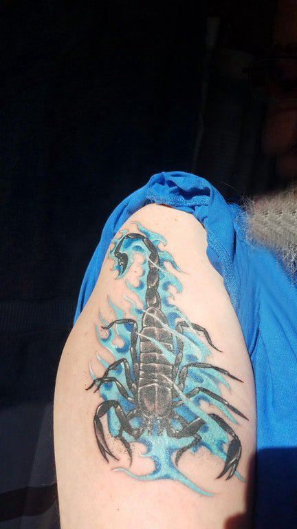 蝎子图片纹身 女生大臂上彩色的蝎子纹身图片