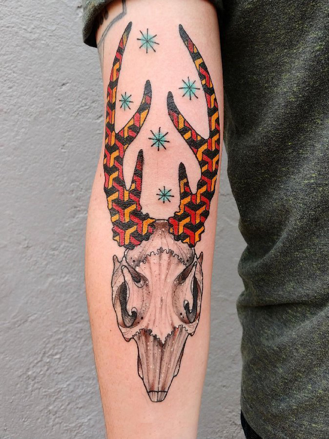 羊头骨纹身 男生手臂上彩色的羊头骨纹身图片