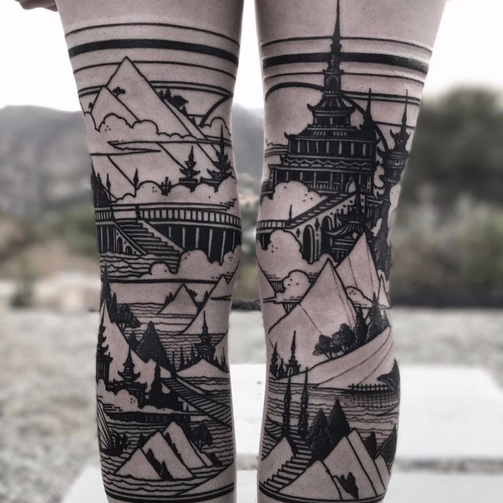 建筑物纹身 女生小腿上黑色的建筑物纹身图片