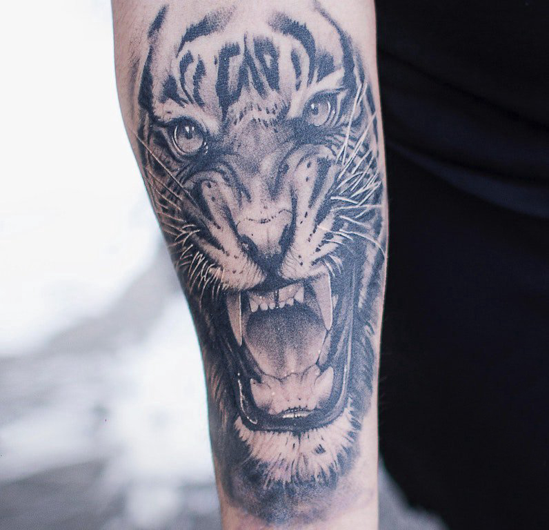 小动物纹身 男生手臂上黑色的老虎纹身图片