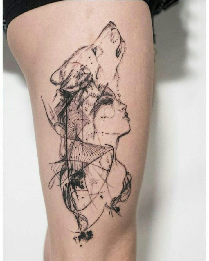 大腿纹身传统 女生大腿上狼头和人物纹身图片
