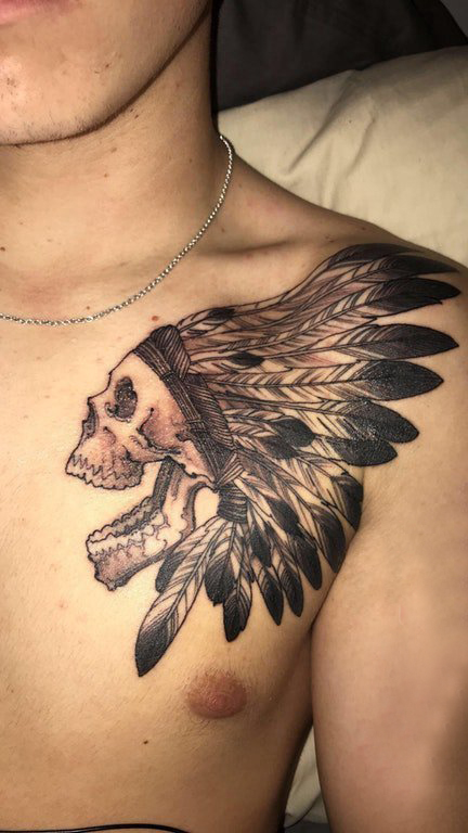 骷髅纹身 男生胸部黑色的印第安骷髅纹身图片