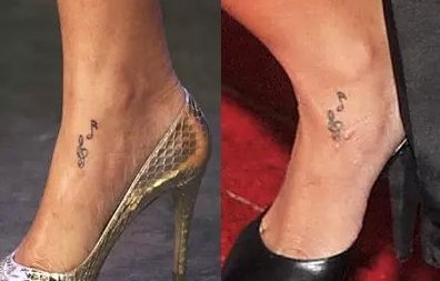 蕾哈娜的纹身   明星蕾哈娜脚上黑色的音符纹身图片
