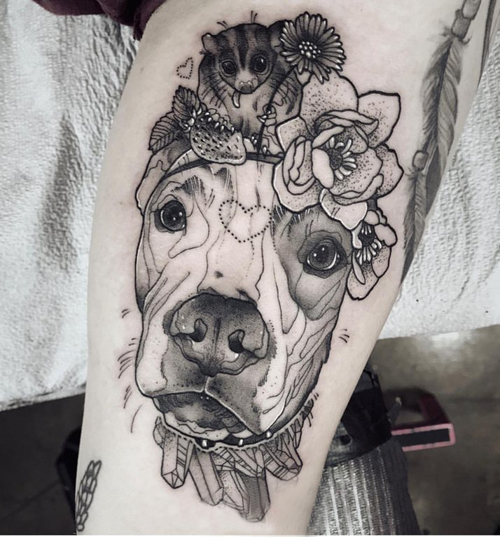 欧美小腿纹身 男生小腿上植物和小狗纹身图片