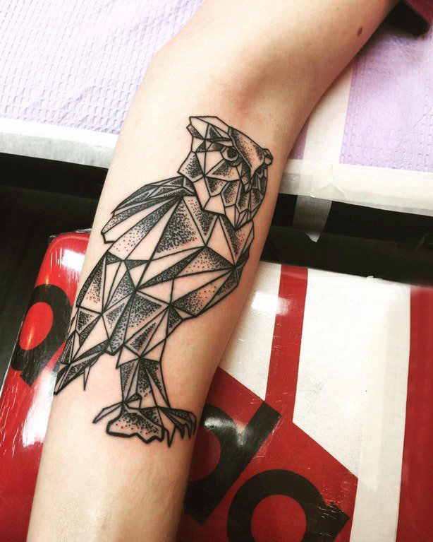 几何动物纹身 女生手臂上黑色的猫头鹰纹身图片