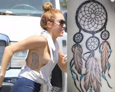 美国纹身明星  Miley Cyrus侧腰上的捕梦网纹身图片