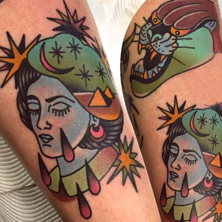 女孩人物纹身图案  女生手臂上人物和动物纹身图片