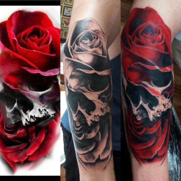 玫瑰与骷髅纹身图片  女生手臂上玫瑰与骷髅纹身图片
