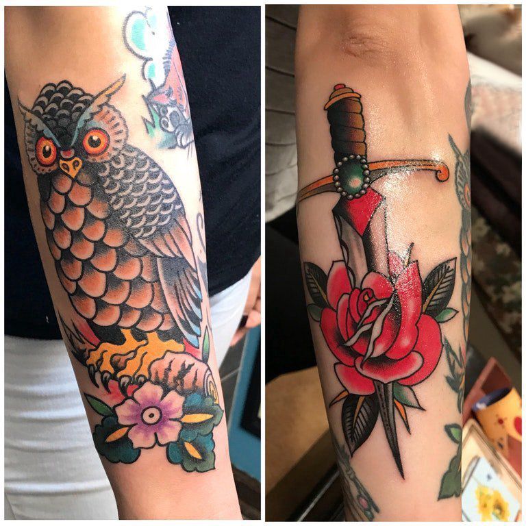 纹身小臂花纹  女生小臂上猫头鹰和玫瑰纹身图片