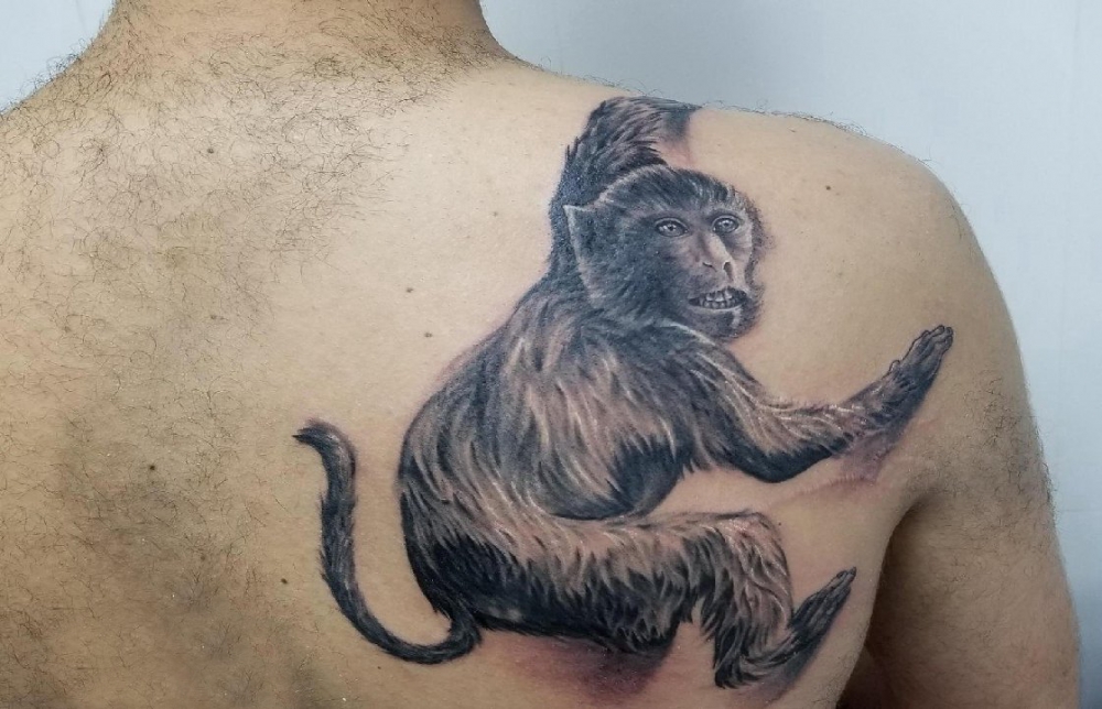 纹身猴子 男生后背上黑色的猴子纹身图片