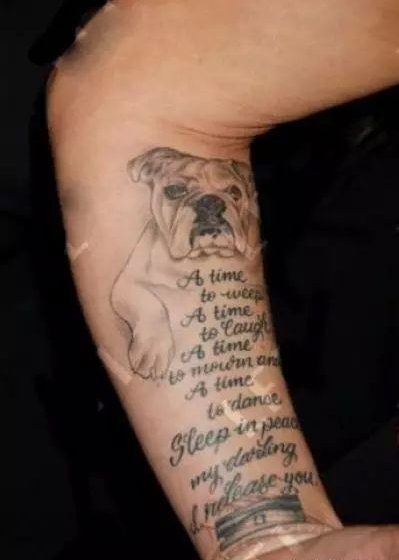 国际纹身明星  Pink小臂上狗和英文纹身图片