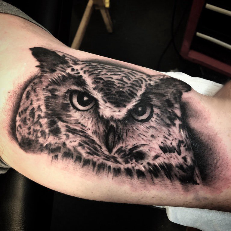 猫头鹰纹身 男生手臂上黑色的猫头鹰纹身图片
