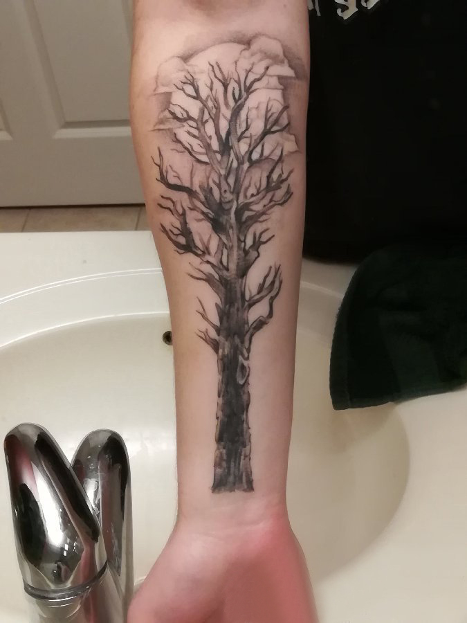植物纹身 男生手臂上黑色的枯树枝纹身图片