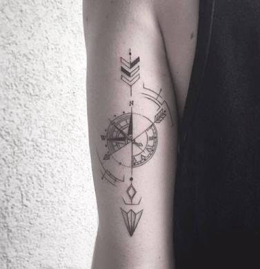 几何元素纹身 男生手臂上指南针和箭矢纹身图片