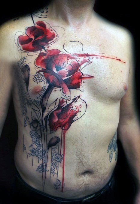 玫瑰纹身图 男生胸部彩色的玫瑰纹身图片