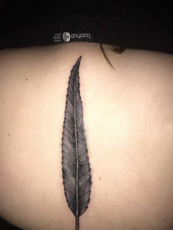 纹身后背图案女 女生后背上黑色的羽毛纹身图片