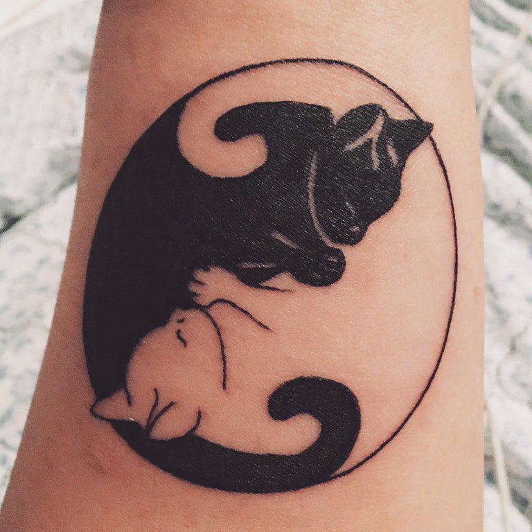 小清新猫咪纹身 女生手臂上阴阳状的猫咪纹身图片
