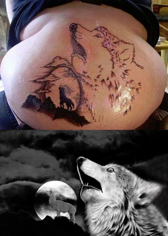 狼纹身  男生后背上黑灰色的狼纹身图片