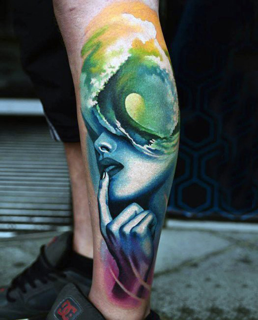 欧美小腿纹身 男生小腿上彩色的女生人物纹身图片