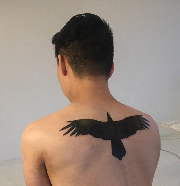 动物纹身轮廓 男生后背上黑色的老鹰纹身图片