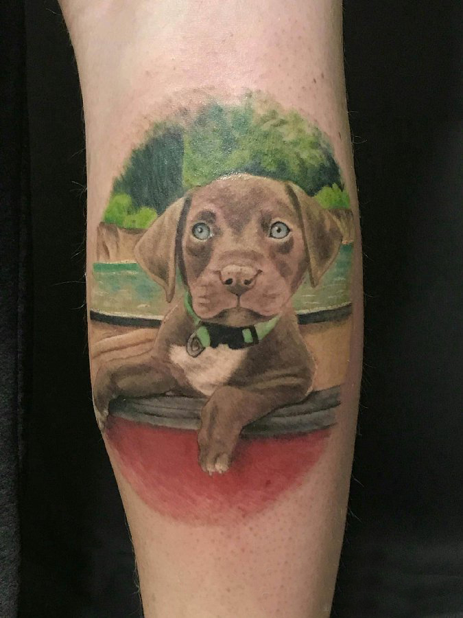 狗的纹身图案 男生小腿上超写实的小狗纹身图片