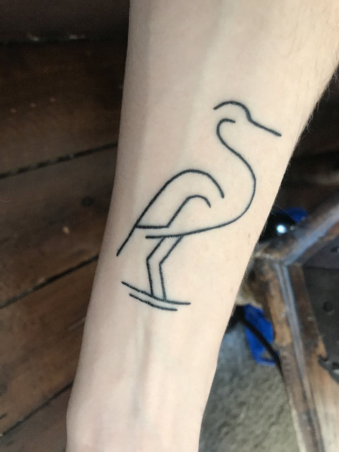 极简线条纹身 男生手臂上黑色的鹤纹身图片