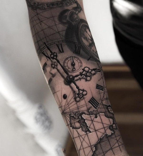 时钟纹身  警醒时间的时钟怀表纹身图案
