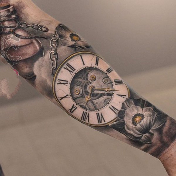 时钟纹身  警醒时间的时钟怀表纹身图案