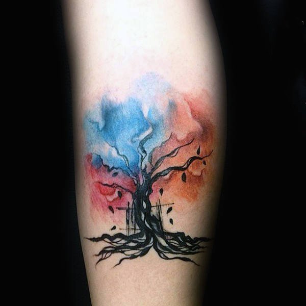 树枝纹身  生意盎然的水彩树枝纹身图案