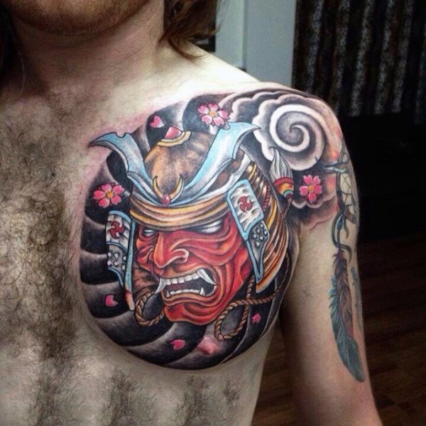 日本武士面具纹身  面容凶狠的日本武士纹身图案