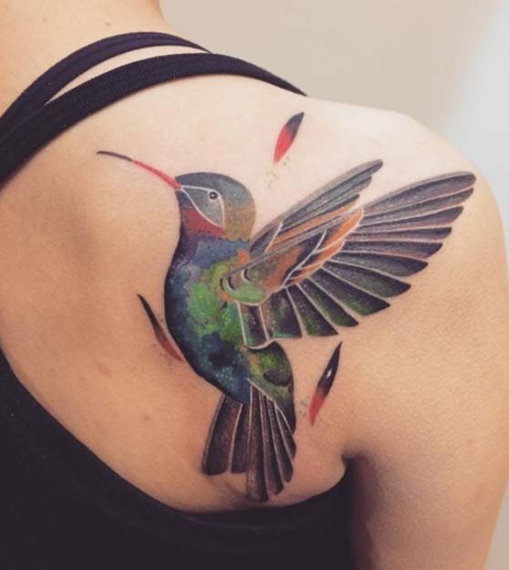 飞鸟纹身图案 漂亮的羽毛飞鸟纹身动物蜂鸟彩绘纹身图案