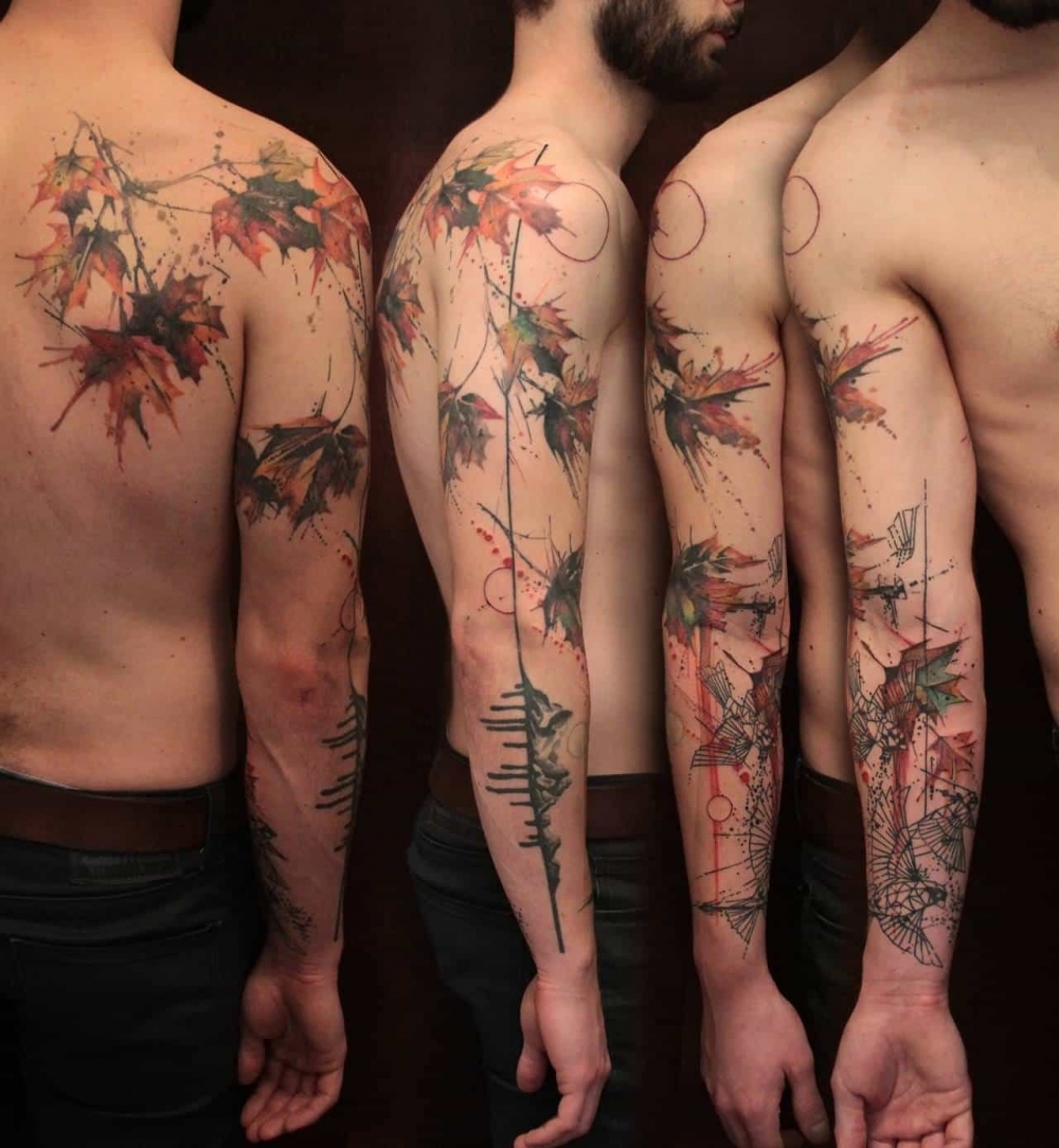 彩色花臂纹身图案 水彩泼墨纹身中国风彩色花臂纹身图案大全
