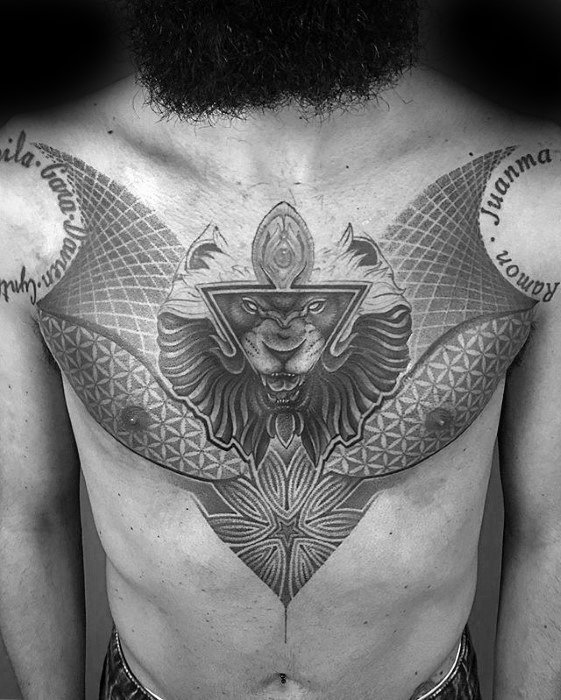 黑灰点刺几何_11张男性胸部黑灰色的几何拼接点刺纹身图案图片作品