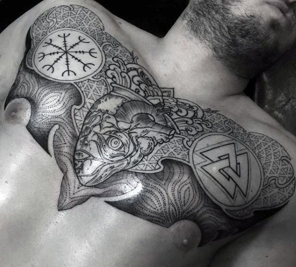 黑灰点刺几何_11张男性胸部黑灰色的几何拼接点刺纹身图案图片作品