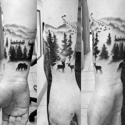 森林树木纹身图案_一组手臂上黑灰树木森林纹身图案作品