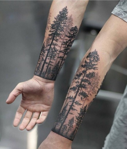 森林树木纹身图案_一组手臂上黑灰树木森林纹身图案作品