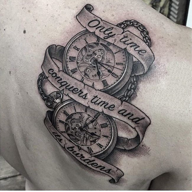 点刺纹身-黑灰素描点刺技巧创意钟表纹身图案