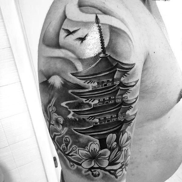 手臂纹身-宏伟壮丽的素描手臂塔纹身图案