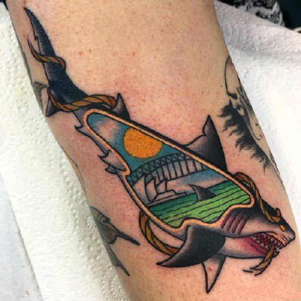 纹身艺术家Sam Kane的原创彩色鲨鱼等动物纹身图