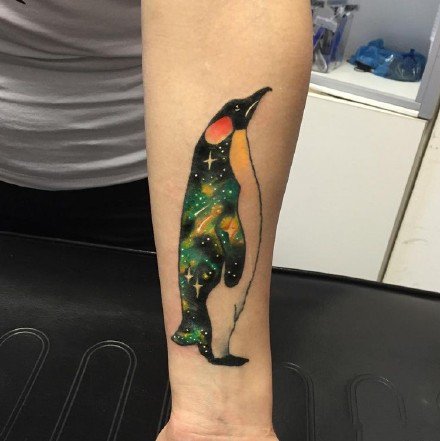 企鹅纹身图--一组彩色的星空企鹅主题的纹身图案作品