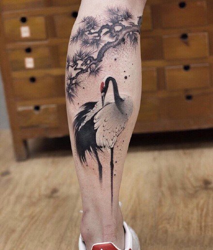 仙鹤纹身--中国风水墨元素的一组仙鹤纹身图案作品