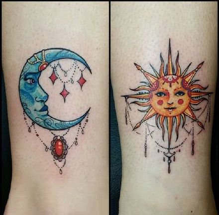日月纹身--很适合情侣的太阳月亮的成对日月纹身图案